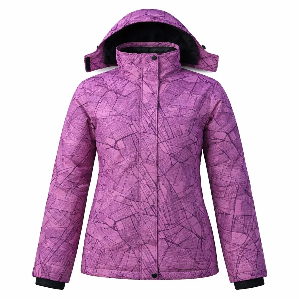 OTU Womens Purple Geometric Map Print Waterproof Ski Snowboard Jacket Hooded Med